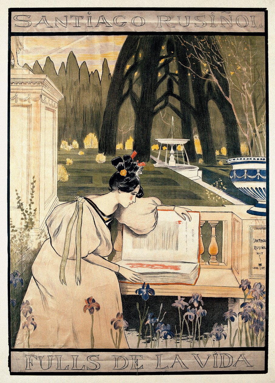 Plakatpresentasjon av "Livets sider", serie litografier som illustrerer dikt i prosa av Santiago Rusinol y (i) Prats (1861-1931) av Miguel Utrillo