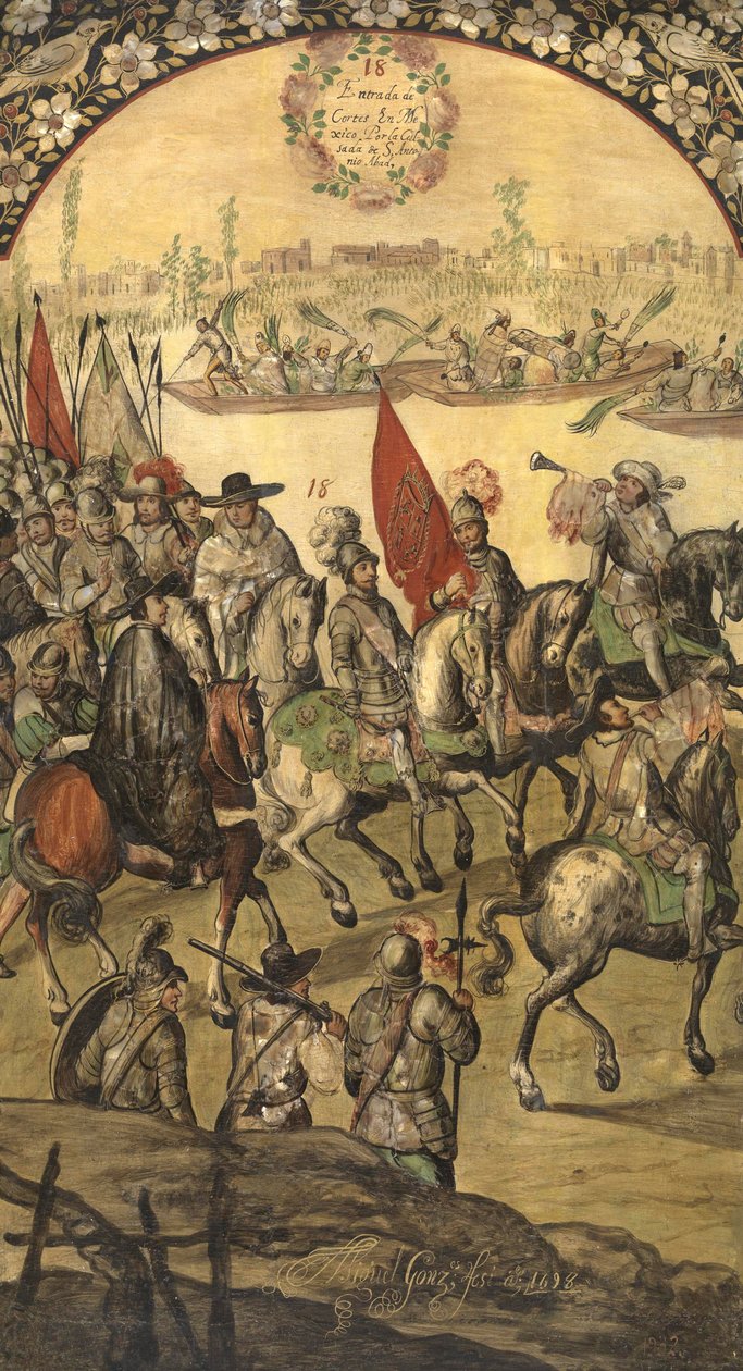 Hernan (ou Hernando) Cortes ou Fernand Cortez (1485-1547) et en suite arrivent au tenochtitlan (mexique) - Erobringen av Mexico av Hernan Cortes par Gonzalez, Miguel og Juan (aktiv Slutten av 1600-tallet). Olje på tre, størrelse: 97x53 av Miguel and Juan Gonzalez