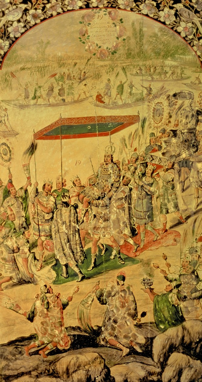 Et av et par paneler som viser møtet mellom Hernando Cortes (1485-1547) og Montezuma (1466-1520): Montezuma og hans tilhengere, 1698 av Miguel and Juan Gonzalez
