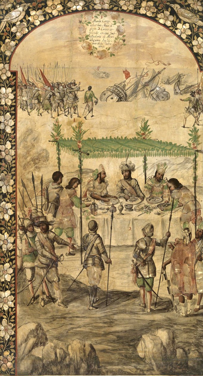 Beordrer ødeleggelsen av skipene og møter ambassadørene til Montezuma (Moctezuma, Moteuczoma, Motecuhzoma) (1466-1520) i 1520 - Erobringen av Mexico av Hernan Cortes par Gonzalez, Miguel og Juan (aktiv slutten av 1600-tallet). Olje på tre, størrelse: av Miguel and Juan Gonzalez