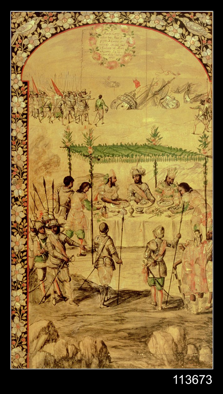 Erobringen av Mexico: Hernando Cortes (1485-1547) beordrer ødeleggelsen av skipene og møter ambassadørene i Montezuma (1466-1520) i 1520 av Miguel and Juan Gonzalez