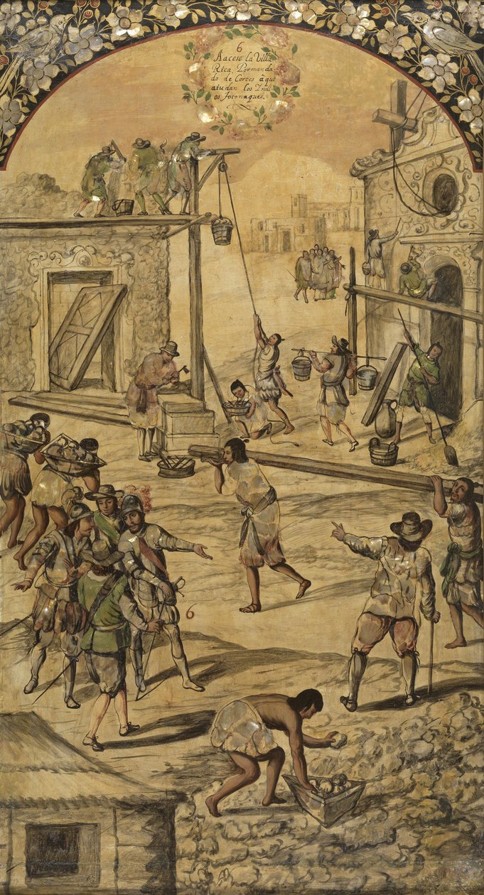 Erobringen av Mexico av Hernan Cortes par Gonzalez, Miguel og Juan (aktiv slutten av 1600-tallet). Olje på tre av Miguel and Juan Gonzalez
