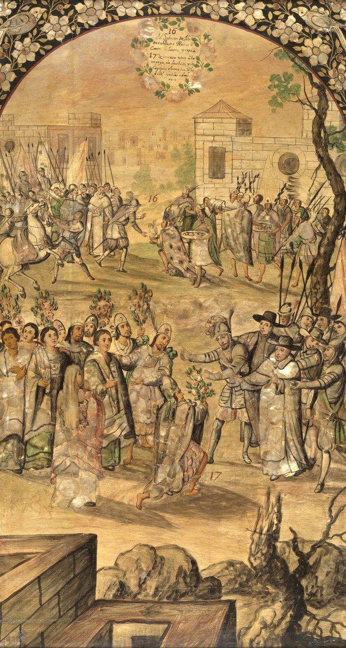 Erobringen av Mexico av Hernan Cortes par Gonzalez, Miguel og Juan (aktiv slutten av 1600-tallet). Olje på tre, størrelse: 97x53 av Miguel and Juan Gonzalez