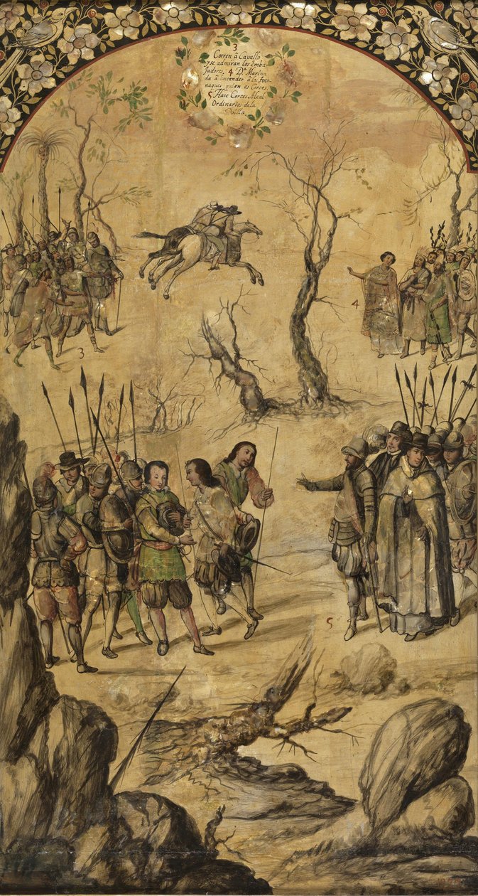 Erobringen av Mexico av Hernan Cortes par Gonzalez, Miguel og Juan (aktiv slutten av 1600-tallet). Olje på tre, størrelse: 97x53 av Miguel and Juan Gonzalez