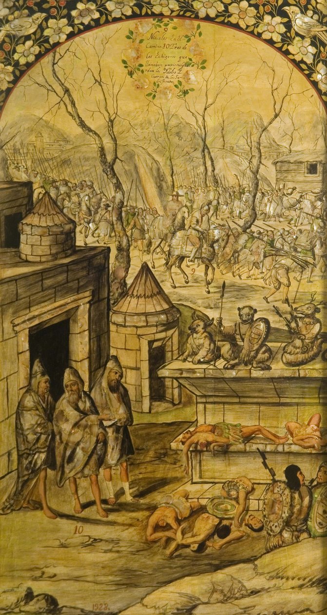 Erobringen av Mexico av Hernan Cortes par Gonzalez, Miguel og Juan (aktiv slutten av 1600-tallet). Olje på tre, størrelse: 97x53 av Miguel and Juan Gonzalez