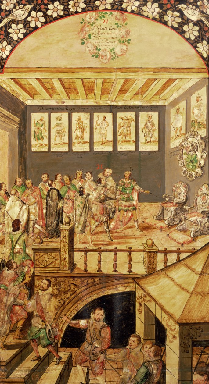 Erobringen av Mexico: besøket av Hernando Cortes (1485-1547) til Montezuma (1466-1520) i 1520, 1698 av Miguel and Juan Gonzalez