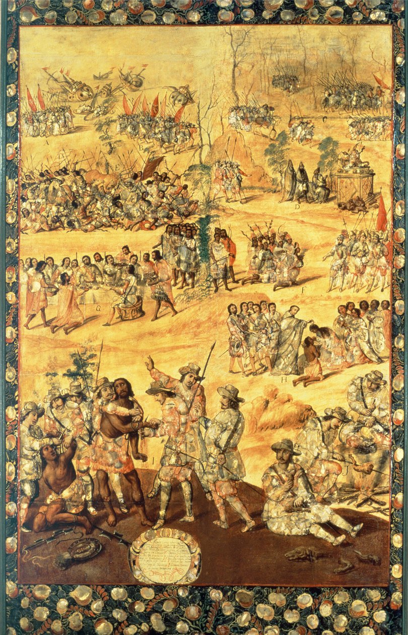 Møtet mellom Hernando Cortes (1485-1547) og Montezuma (1466-1520), panel fra erobringen av Mexico av Miguel and Juan Gonzalez