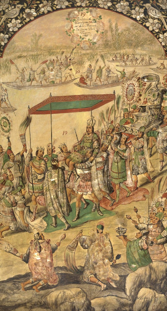 The Welcome of Montezuma (Moctezuma, Moteuczoma, Motecuhzoma)(1466-1520) - Erobringen av Mexico av Hernan Cortes par Gonzalez, Miguel og Juan (aktiv Slutten av 1600-tallet). Olje på tre, størrelse: 97x53 av Miguel and Juan Gonzalez