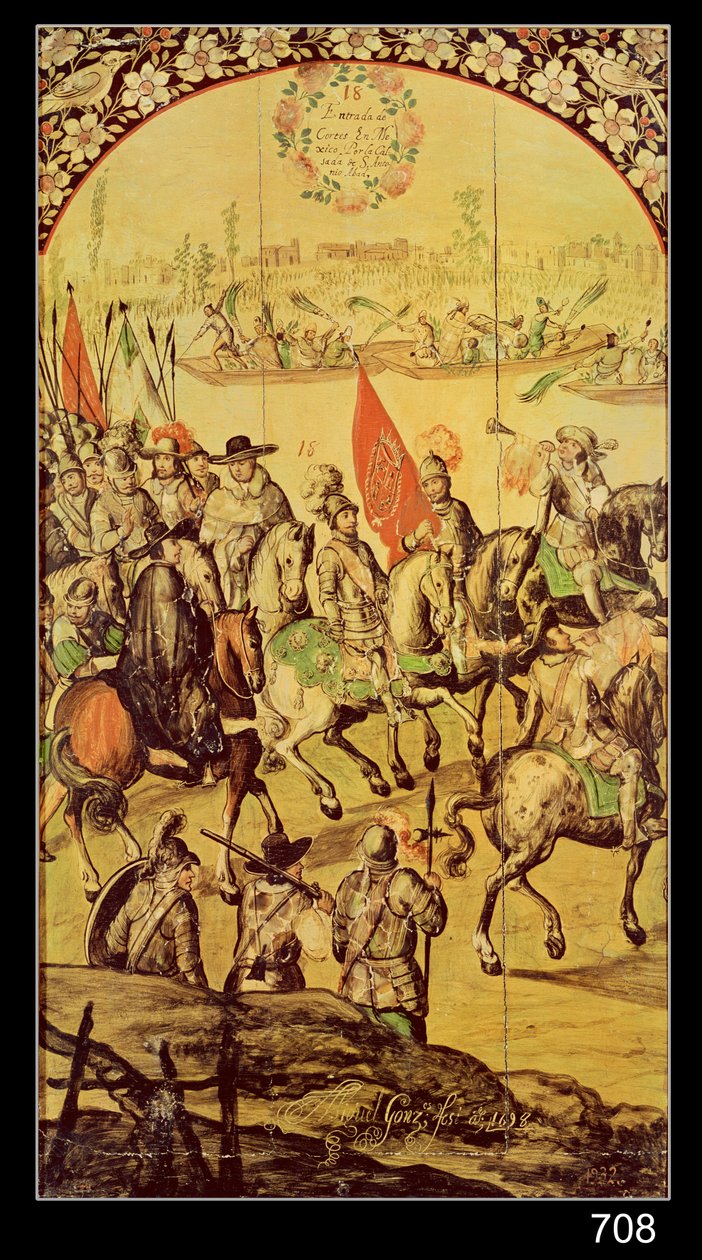 Møtet mellom Hernando Cortes (1485-1547) og Montezuma (1466-1520) 1698 av Miguel and Juan Gonzalez