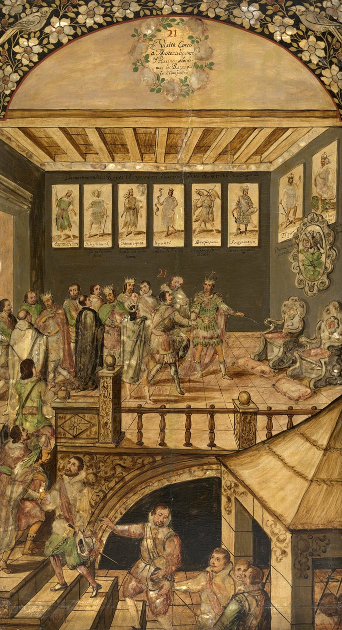 besøket av Hernando Cortes (1485-1547) til Montezuma (Moctezuma, Moteuczoma, Motecuhzoma) (1466-1520) i 1520 - Erobringen av Mexico av Hernan Cortes par Gonzalez, Miguel og Juan (aktiv Slutten av 1600-tallet). Olje på tre, størrelse: 97x53 av Miguel and Juan Gonzalez