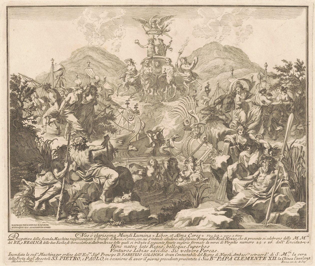 Seconda Macchina for Chinea av 1738: The Triumph of Bacchus and Ceres av Miguel de Sorellò, after Carl Marcus Tuscher