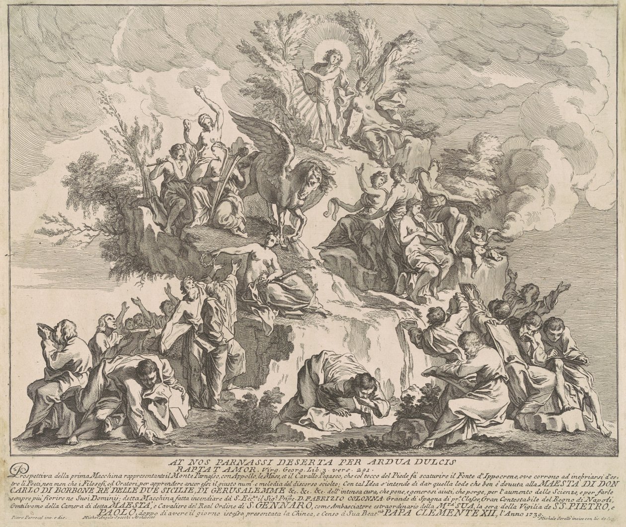 Prima Macchina for Chinea av 1739: Mount Parnassus med Apollo, musene og Pegasus av Miguel de Sorellò, after Pierre Parrocel, after Michelangelo Specchi