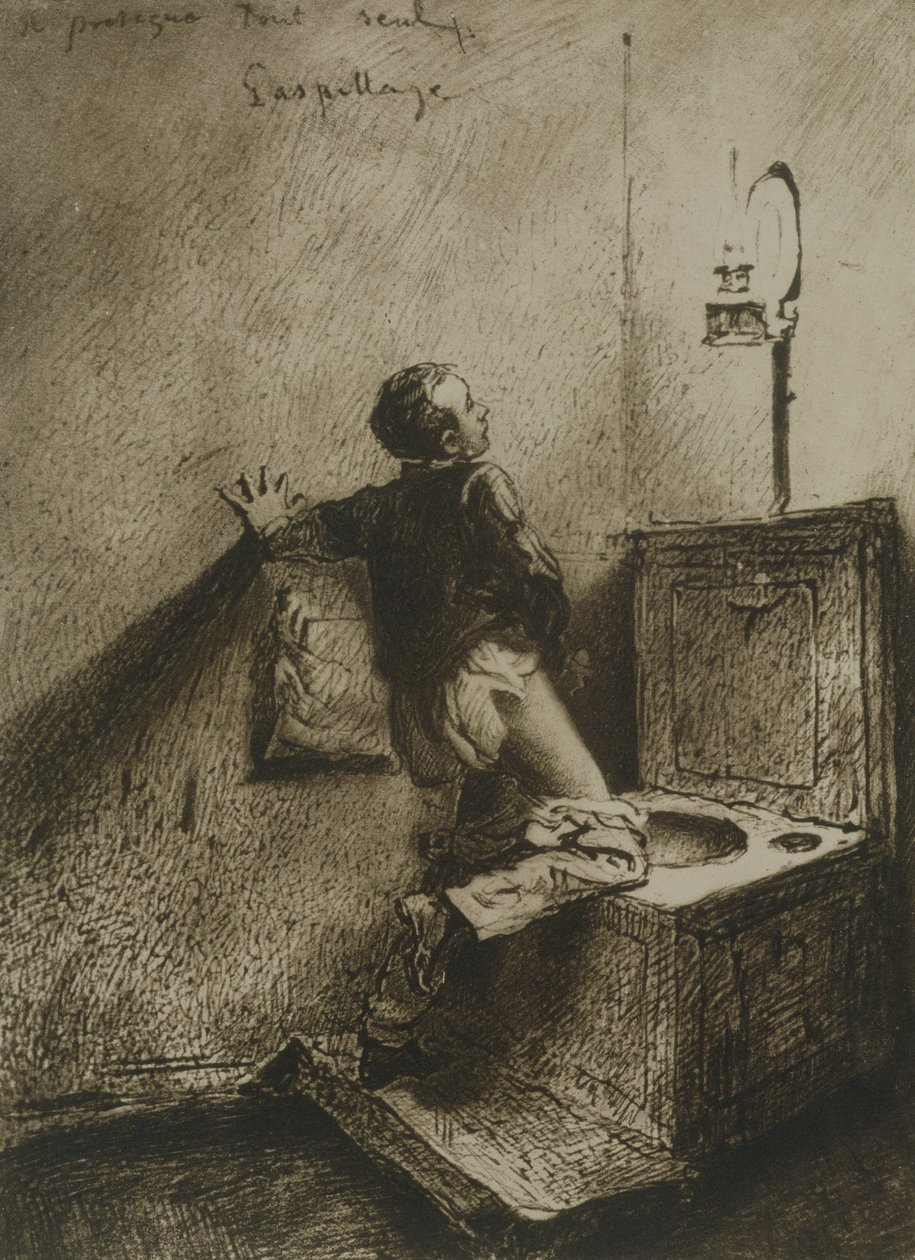Boy Onanerer på et toalett, tallerken 19 fra Liebe (Love) pub. 1901 i Leipzig (heliogravyr) av Mihaly von Zichy
