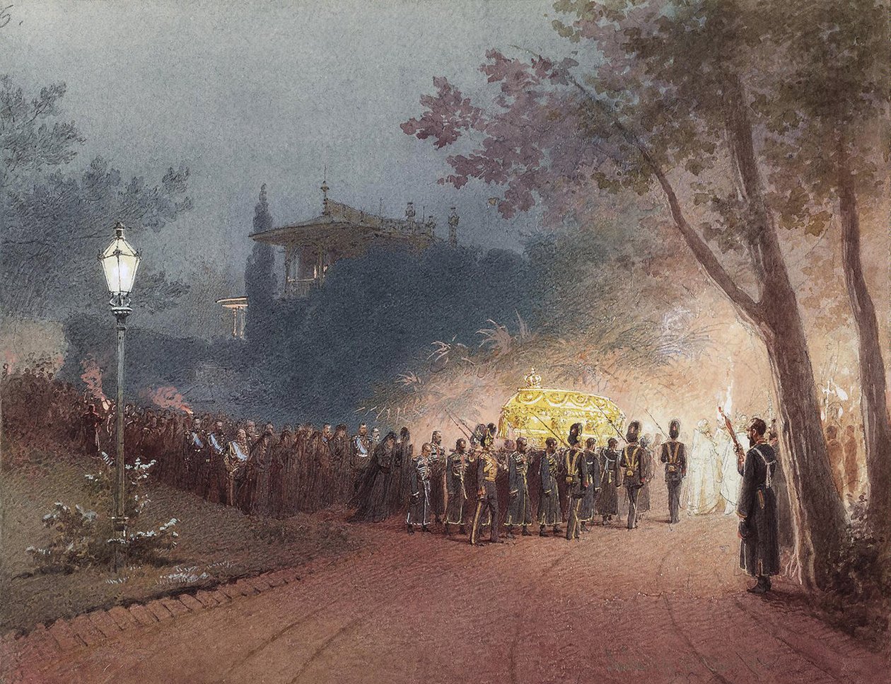 Bærer kisten med liket av Alexander III fra det lille palasset i Livadia, 1895 av Mihaly von Zichy