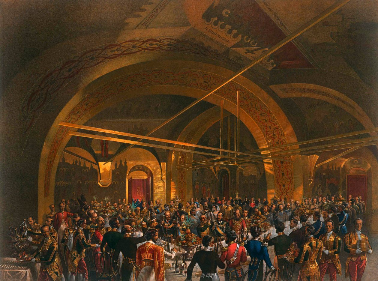 Kroningsbankett for utsendingene i Golden Hall of the Great Kremlin Palace, Moskva, 1856 av Mihaly von Zichy