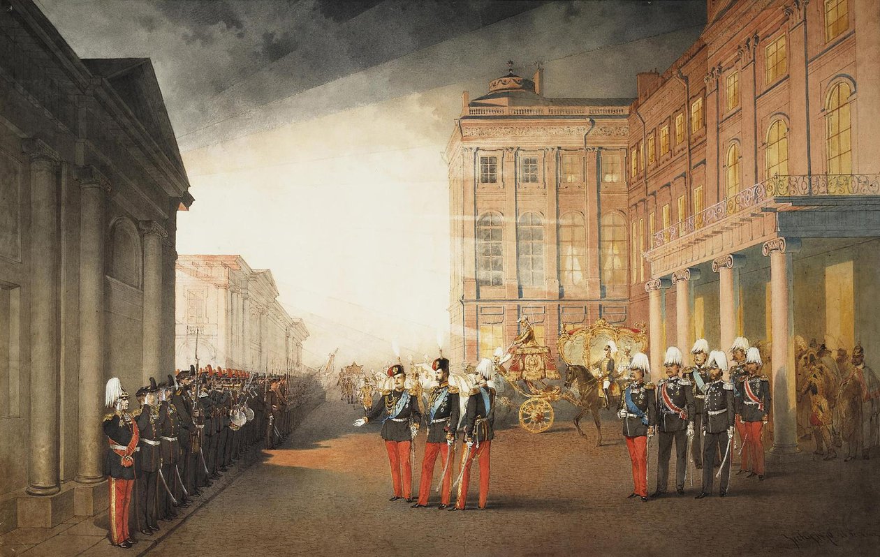 Parade foran Anichkov-palasset i Petersburg, 1870 av Mihaly von Zichy