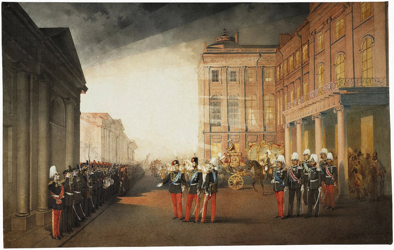 Parade foran Anichkov-palasset 26. februar 1870, 1870 av Mihaly von Zichy