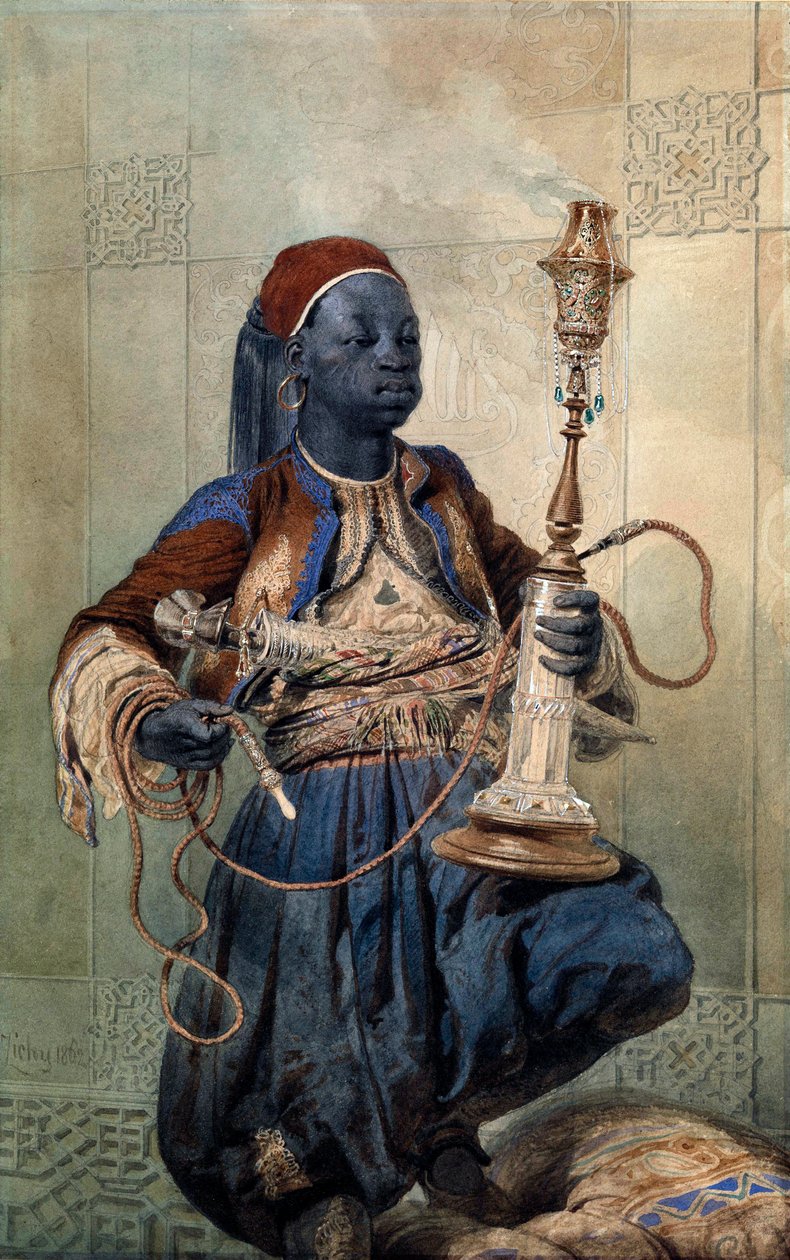 ""Portrett av Nubian with a Waterpipe"" (Nubian with a Waterpipe) Akvarell av Mihaly Zichy (1827-1906) 1862 Dim 49,5x31 cm Privat samling av Mihaly von Zichy