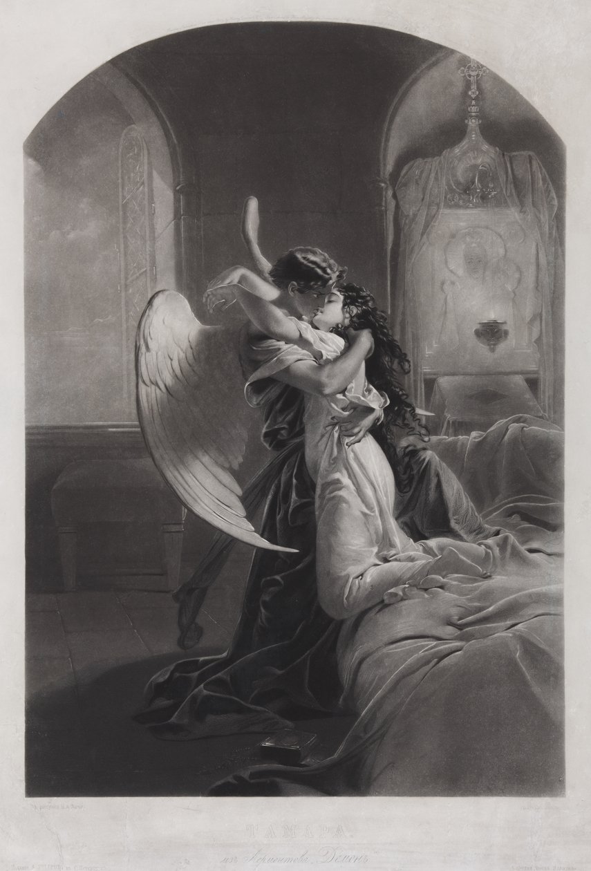 Tamara og Demon. Illustrasjon til diktet Demonen av Mikhail Lermontov, ca. 1880 av Mihaly von Zichy