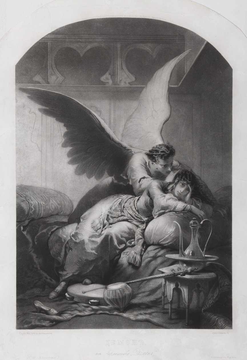 Tamara og Demon. Illustrasjon til diktet Demonen av Mikhail Lermontov, ca. 1880 av Mihaly von Zichy