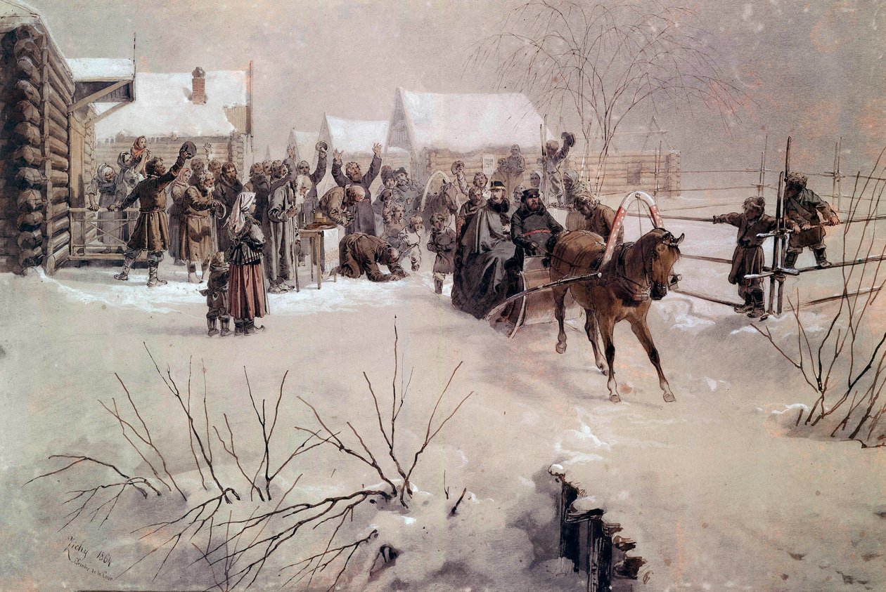 Tsar Alexander II (1818-1881) i en slede krysser en landsby under snø Akvarell av Mihaly von Zichy (1827-1906) St. Petersburg fra 1800-tallet, Chateau de Peterhof av Mihaly von Zichy