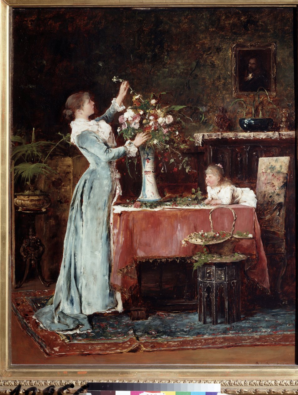 ""La composite du bouquet"" (Komponere en bukett) En middelklassekvinne (ungarsk?) forbereder en blomsterbukett, datteren hennes ser på henne. Maleri av Mihaly Munkacsy (1844-1900) rundt 1880 Pushkin-museet, Moskva av Mihály Munkácsy