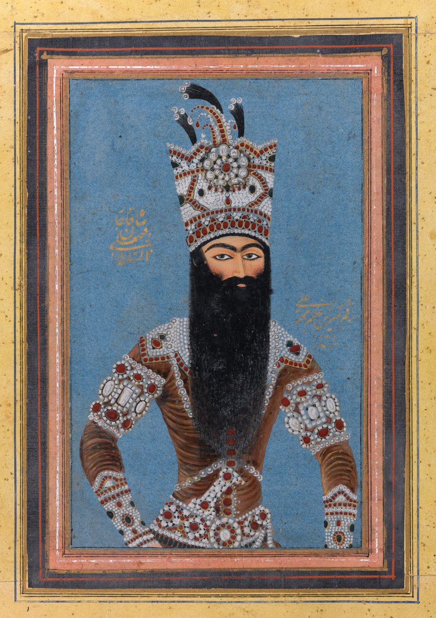 Portrett av FathAli Shah Qajar, 1815 (wc, gull og blekk på papir) av MihrAli MihrAli