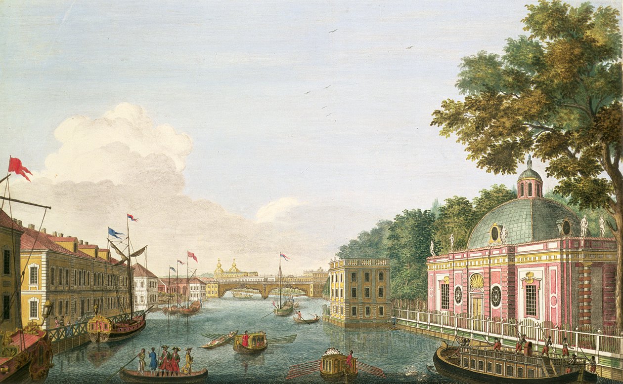 Utsikt over Fontanka-elven fra grotten og gjestepalasset, etset av Grigory Anikievich Kachalov (171112-1759), 1753 (etsing med gravering) av Mikhail Ivanovich Makhaev