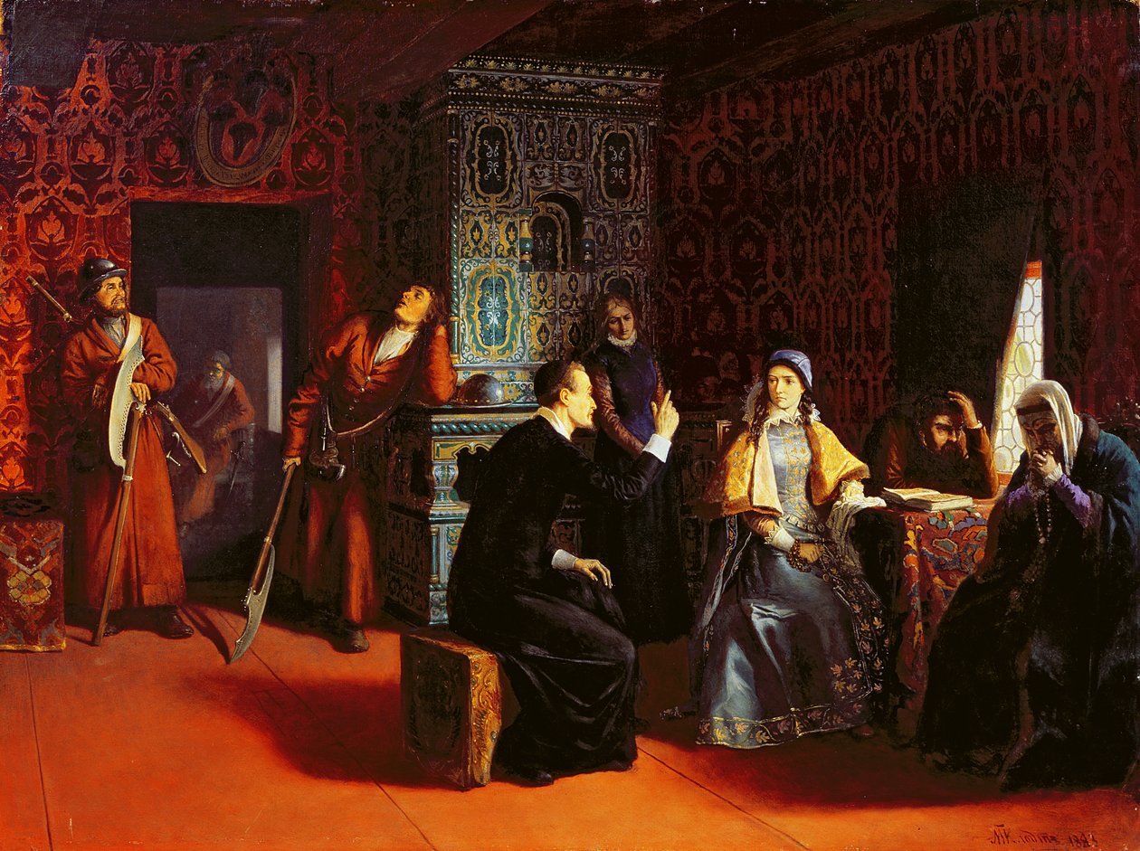 Marina Mniszech under arrest med en prest, 1883 av Mikhail Konstantinovich Klodt