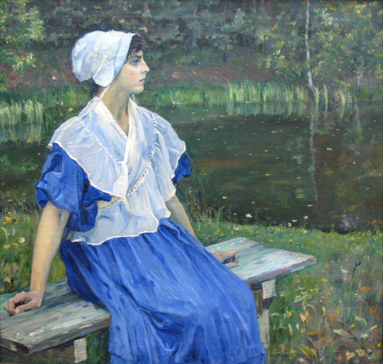 Jente ved dammen Portrett av N.M. Nesterova, 1923nDeutsch: Madchen am Teich Portrett av N.M. Nesterova, 1923n: .., 1923n av Mikhail Vasilievich Nesterov