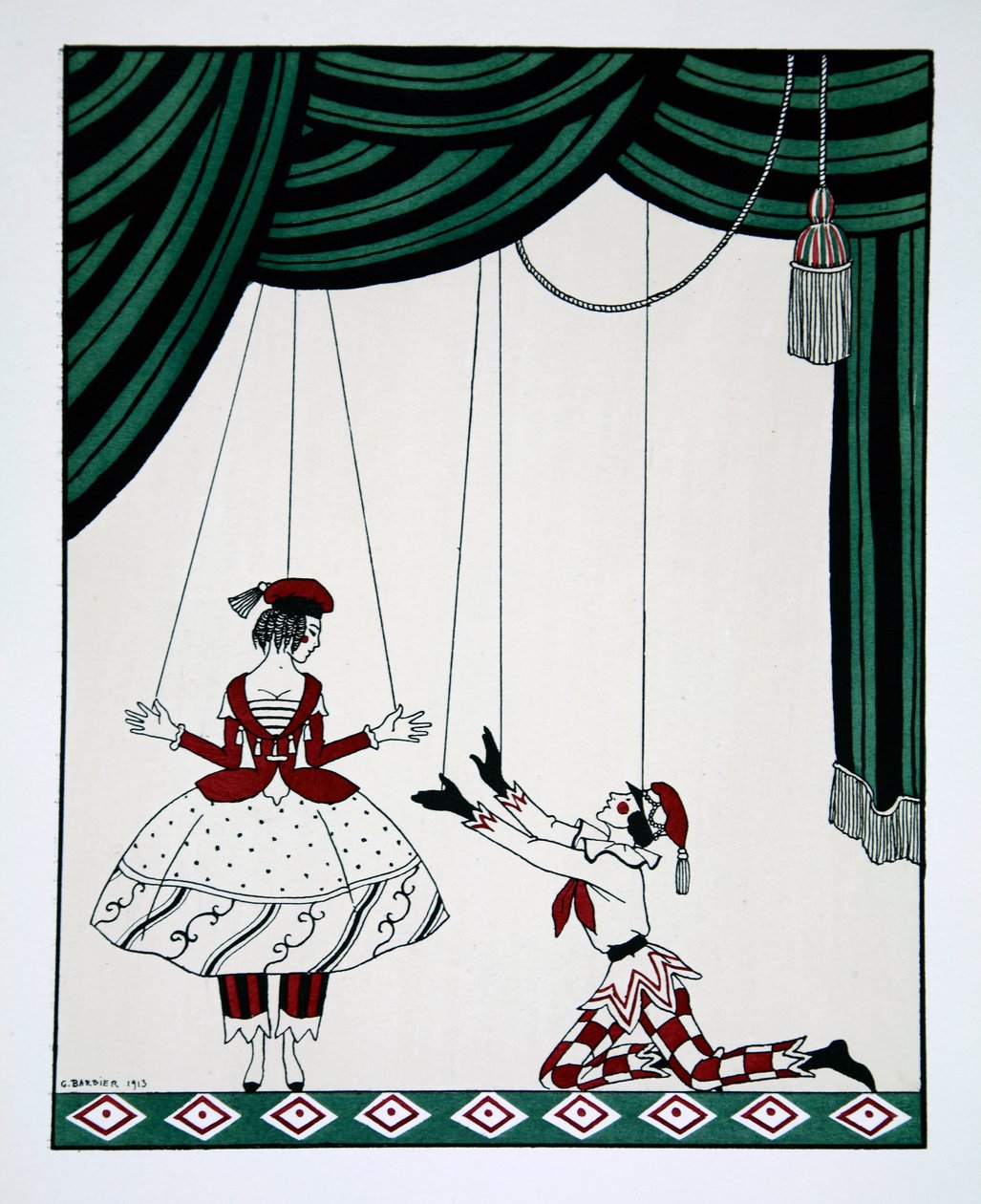 Petroushka, fra serien Designs on the dances of Vaslav Nijinsky 1889-1950. Georges Barbier 1882-1932, Pochoir-trykk av Mikhail Shibanov