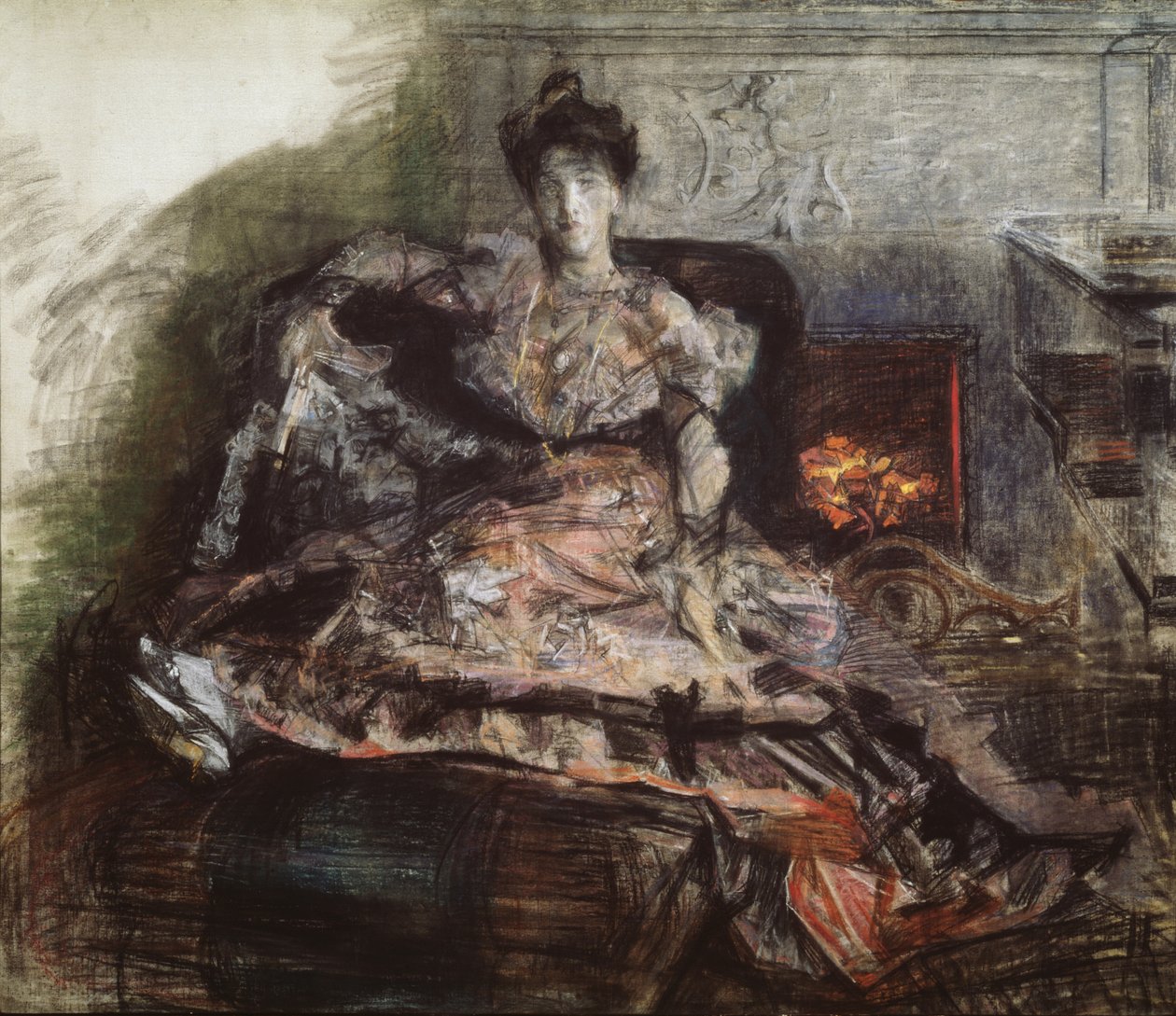Etter konserten. Portrett av N. Zabela-Vrubel ved peisen i en kjole designet av Vrubel, 1905 av Mikhail Aleksandrovich Vrubel