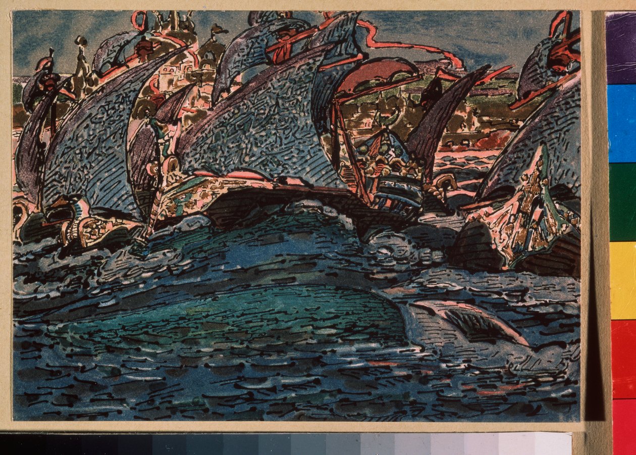 Seilbåter - Verk av Mikhail Alexandrovich Vrubel (Vrubel) (1856-1910), akvarell og blekk på papir av Mikhail Aleksandrovich Vrubel