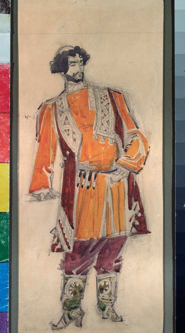 Mannlig forberedende kostyme til operaen ""Tsarens brud"" av Nicholas (Nikolai) Rimsky Korsakov (Rimsky-Korsakov) (1844-1908) (Kostumedesign for operaen Tsarens brud av N Rimsky Korsakov (Rimsky) ). -Korsakov) - Verk av Mikhail Alexander av Mikhail Aleksandrovich Vrubel