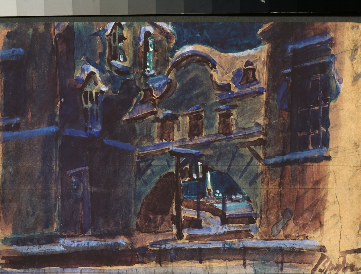 Forberedende dekor for ""Spadedronningen"" av Piotr Tsjaikovskij (1840-1893) (Scenedesign for operaen Spadedronningen) - Verk av Mikhail Alexandrovich Vrubel (Vrubel) (1856-1910), blyant og gouache på papir , russisk scenografisk kunst - State Cen av Mikhail Aleksandrovich Vrubel