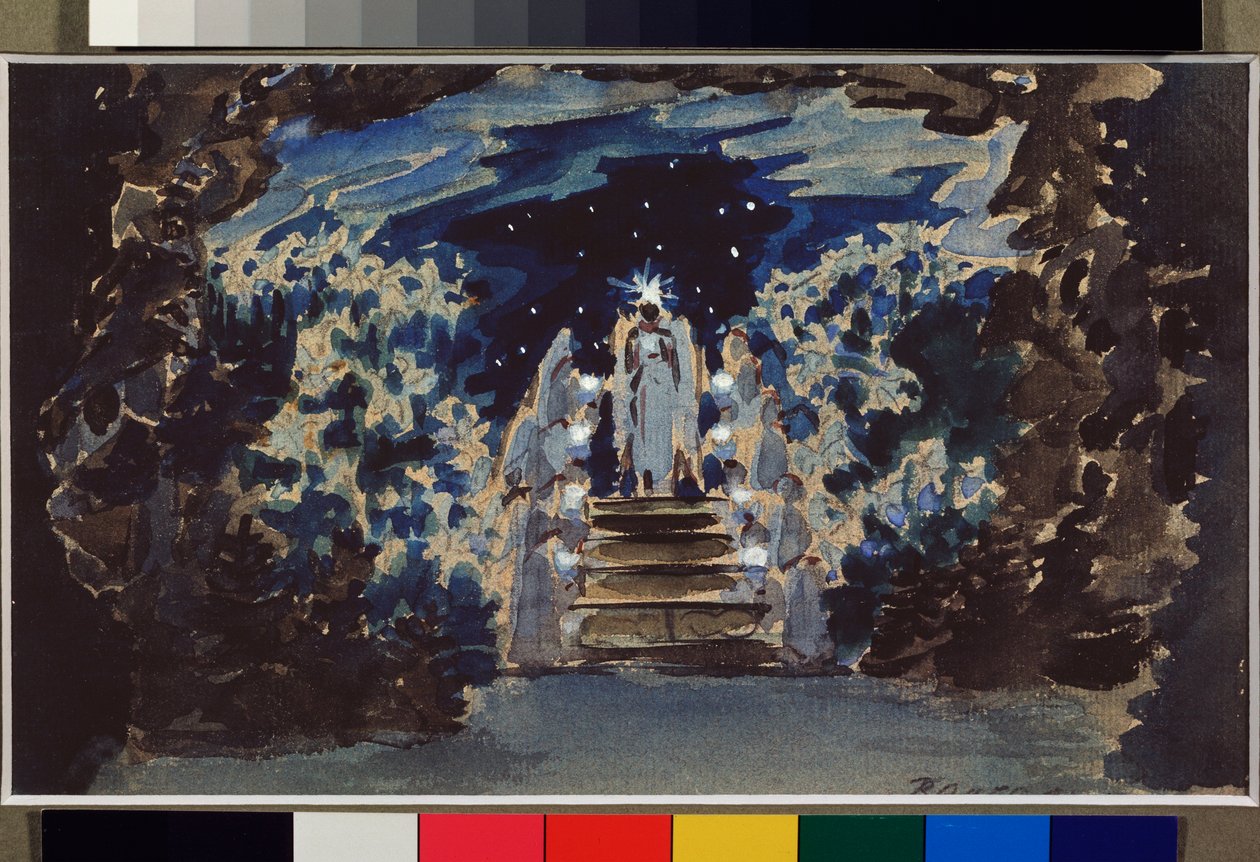 Forberedende dekor for operaen "Hansel and Gretel" av Engelbert Humperdinck (1854-1921) (Scenedesign for operaen Hansel And Gretel) - Oeuvre de Mikhail Alexandrovich Vrubel (Vroubel) (1856-1910), fargestift, aquarelle et gouache på papir av Mikhail Aleksandrovich Vrubel