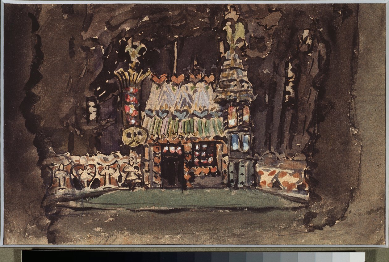 Forberedende dekor for operaen "Hansel and Gretel" av Engelbert Humperdinck (1854-1921) (Scenedesign for operaen Hansel And Gretel) - Oeuvre de Mikhail Alexandrovich Vrubel (Vroubel) (1856-1910), fargestift, aquarelle et gouache på papir av Mikhail Aleksandrovich Vrubel