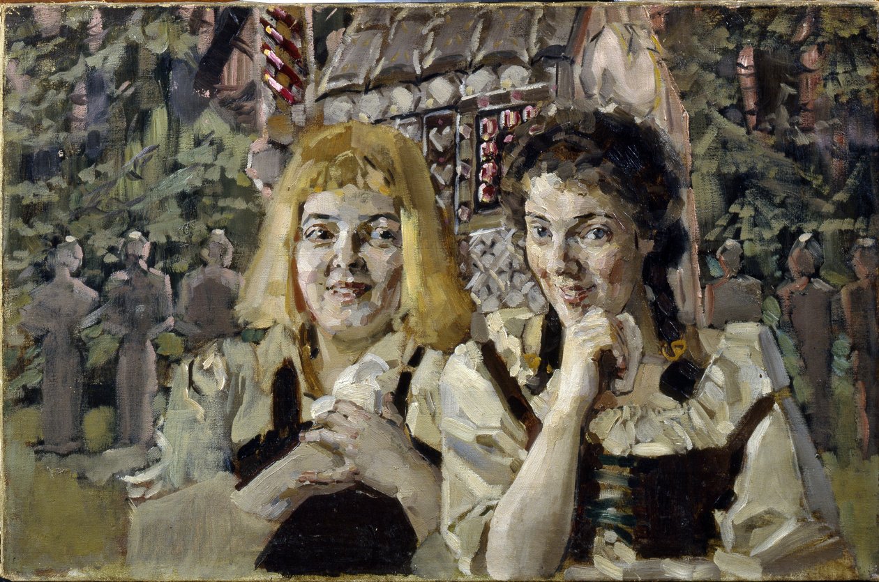 Hansel og Grete (Hansel and Gretel). Portretter av de to barna fra fortellingen om brødrene Jacob (1785-1863) og Wilhelm (1786-1859) Grimm, med grådige øyne foran godterihuset. Maleri av Mikhail Alexandrovich Vrubel (Vrubel) (1856-1910), olje på av Mikhail Aleksandrovich Vrubel