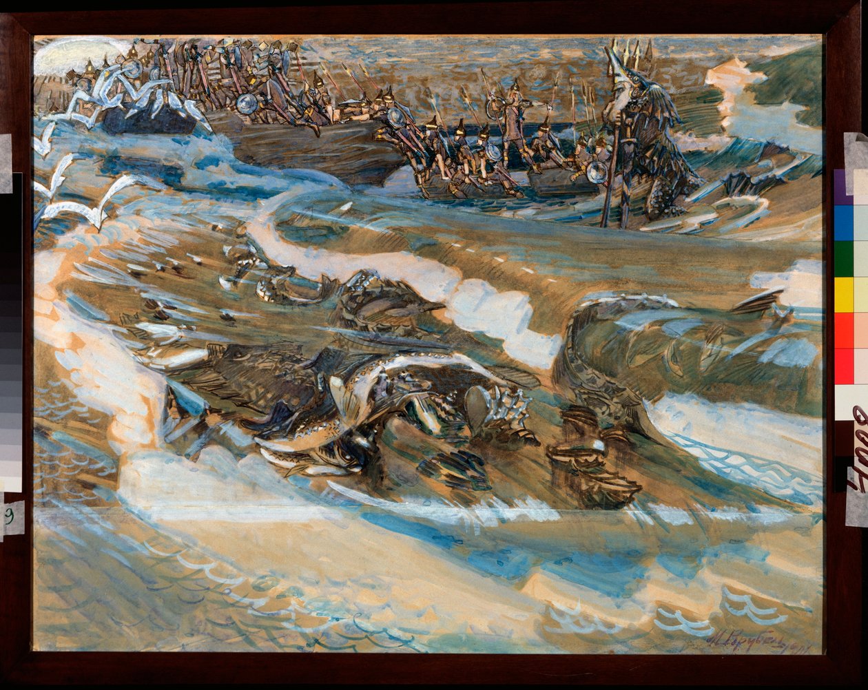 Illustrasjon pour le conte du czar Saltan de Alexandre Pouchkine (1799-1837) (Illustrasjon for eventyret om tsaren Saltan av A Pushkin) - Verk av Mikhail Alexandrovich Vrubel (Vrubel) (1856-1910), akvarell, gouache, gull og penger på papir av Mikhail Aleksandrovich Vrubel