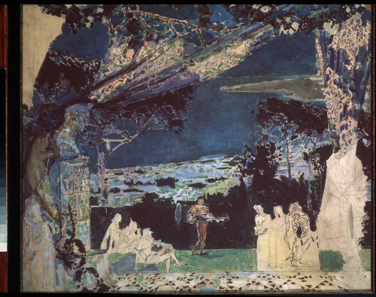 Italie, nuit a Naples - Prosjekt for sceneteppet til det private russiske teateret (Italia, Night In Naples, gardindesign for det private russiske teateret) - Verk av Mikhail Alexandrovich Vrubel (Vroubel) (1856-1910), blyant og akvarell på papir av Mikhail Aleksandrovich Vrubel