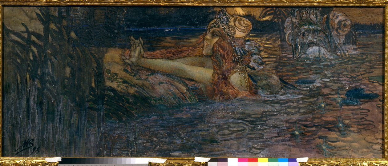 Separasjonen av sjøkongen og prinsesse Volkhova. Scene fra operaen ""Sadko"" av Nicolas (Nikolai) Rimsky Korsakov (Rimsky-Korsakov) (1844-1908). Verk av Mikhail Alexandrovich Vrubel (Vrubel) (1856-1910), gouache og pastell på papir av Mikhail Aleksandrovich Vrubel