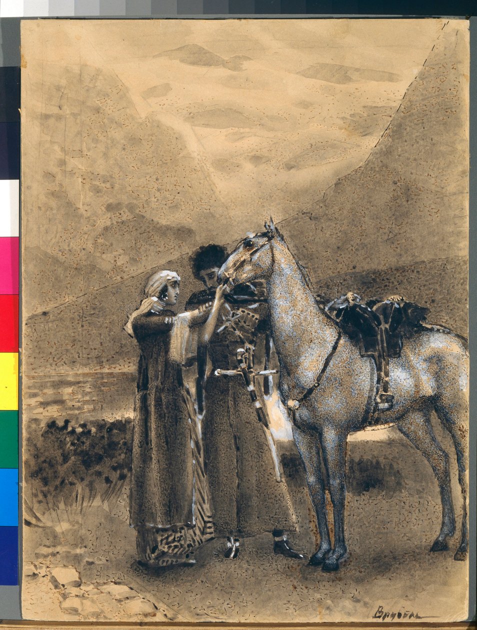 Zara og Ismails farvel - Illustrasjon fra diktet "Izmail-bey" (Izmail bey) av Mikhail Lermontov (1814-1841) - Kunstverk av Mikhail Alexandrovich Vrubel (Vrubel) (1856-1910) av Mikhail Aleksandrovich Vrubel