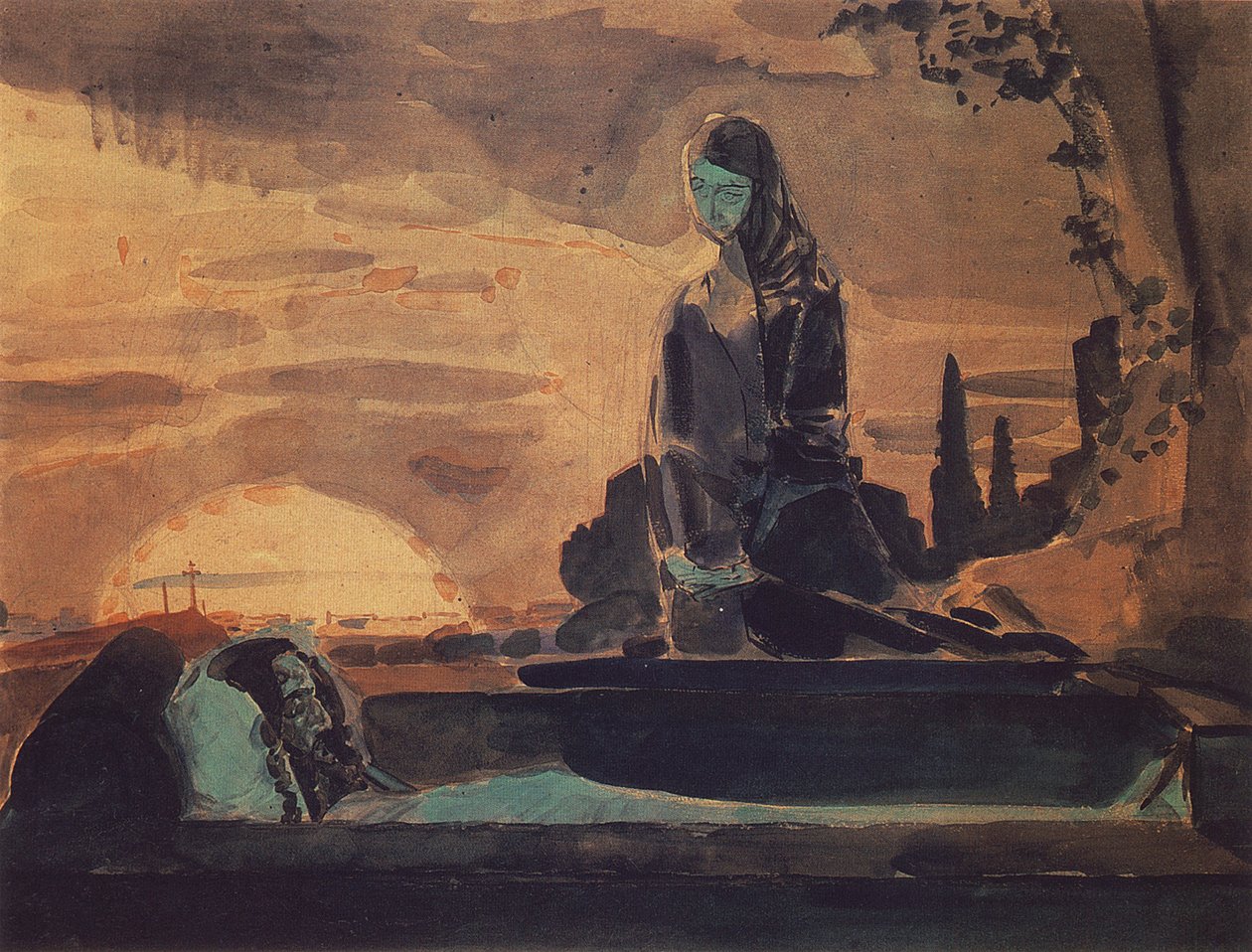 Lamentation I, 1887 (blyant, wc og kalkmaling på papir) av Mikhail Aleksandrovich Vrubel