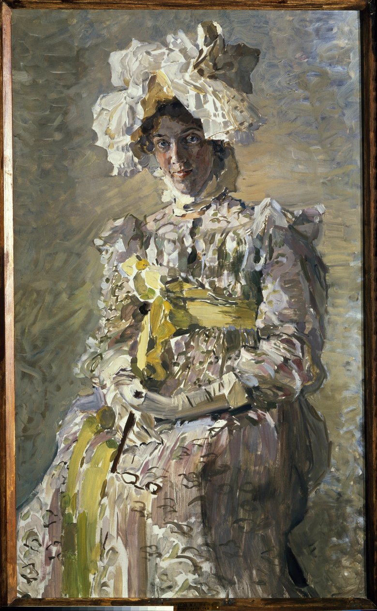 Portrett av Nadezhda Zabela Vrubel i en Empire-kjole. (Kunstnerens kone). Maleri av Mikhail Alexandrovich Vrubel (Vrubel) (1856-1910), olje på lerret av Mikhail Aleksandrovich Vrubel