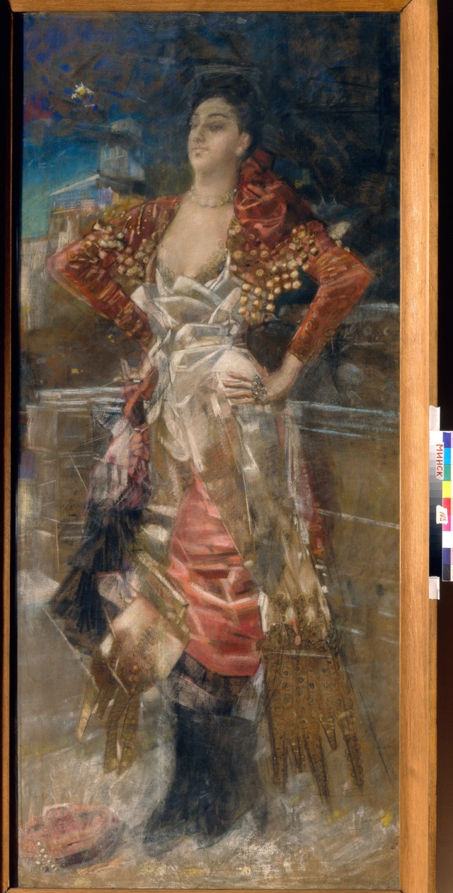 Portrett av danseren og skuespillerinnen Caroline (Carolina) Otero, kjent som La Belle Otero (1868-1965). Courtesane fra Belle Epoque. Verk av Mikhail Alexandrovich Vrubel (Vrubel) (1856-1910), pastell på lerret av Mikhail Aleksandrovich Vrubel