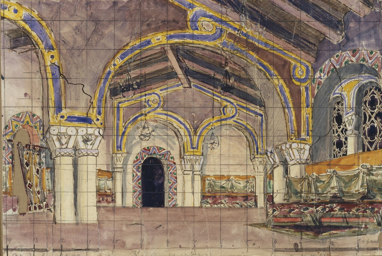 Scenedesign for operaen The Tsars bride av N. Rimsky-Korsakov, 1899 av Mikhail Aleksandrovich Vrubel