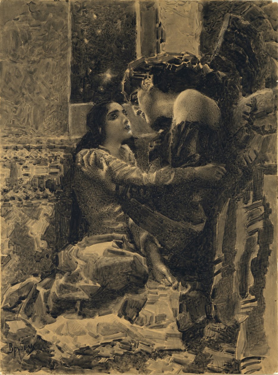 Tamara og Demon. Illustrasjon til diktet Demonen av Mikhail Lermontov, 1890-1891 av Mikhail Aleksandrovich Vrubel