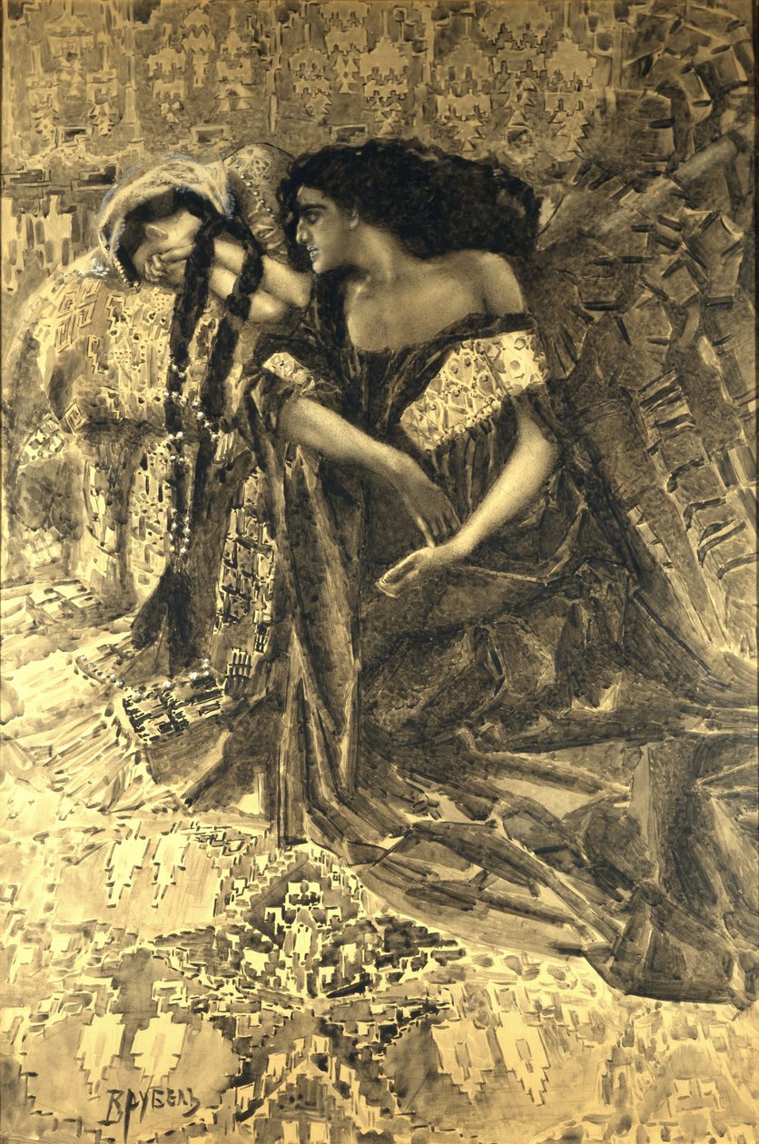 Tamara og Demon. Illustrasjon til diktet Demonen av Mikhail Lermontov, 1890-1891 av Mikhail Aleksandrovich Vrubel