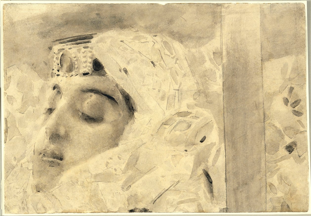 Tamara i en kiste - Illustrasjon fra diktet ""The Demon"" av Mikhail Lermontov (1814-1841) - Kunstverk av Mikhail Alexandrovich Vrubel (Vrubel) (1856-1910) av Mikhail Aleksandrovich Vrubel