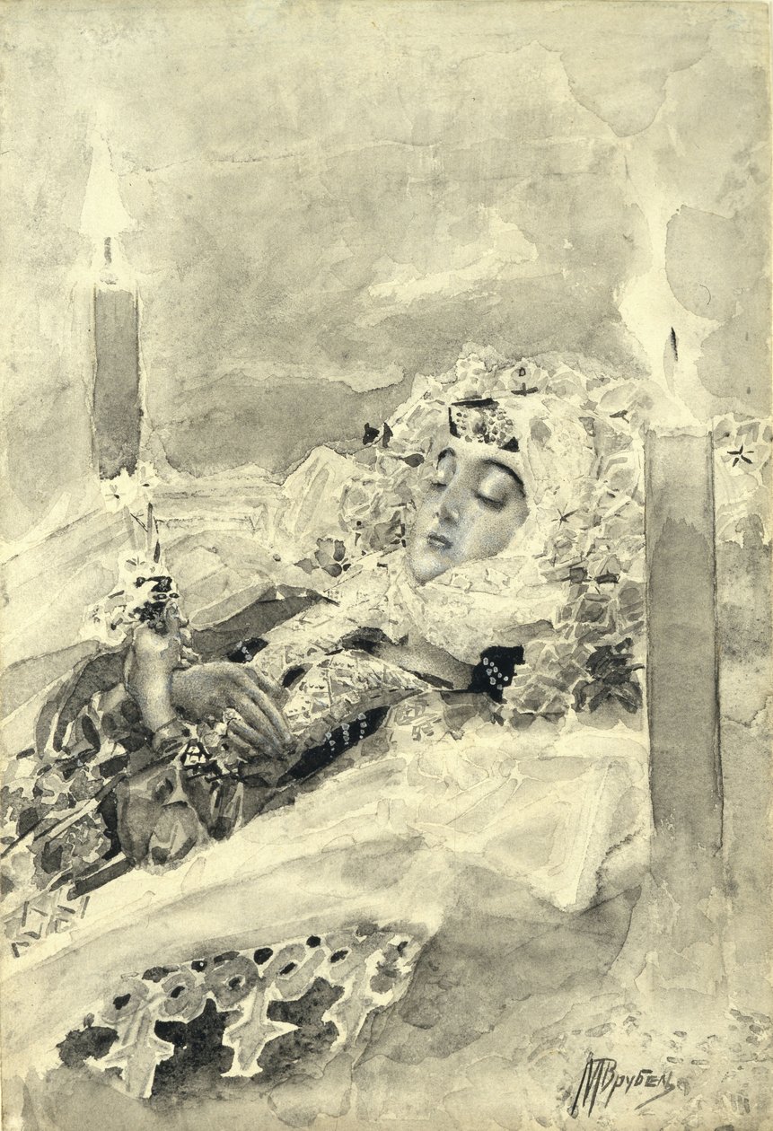 Tamara i kisten. Illustrasjon til diktet Demonen av Mikhail Lermontov, 1890-1891 av Mikhail Aleksandrovich Vrubel